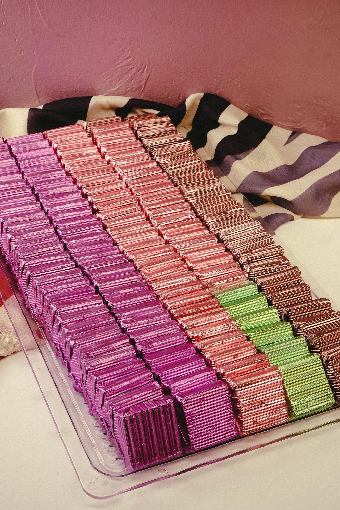 stacked embroidered swatches and labels